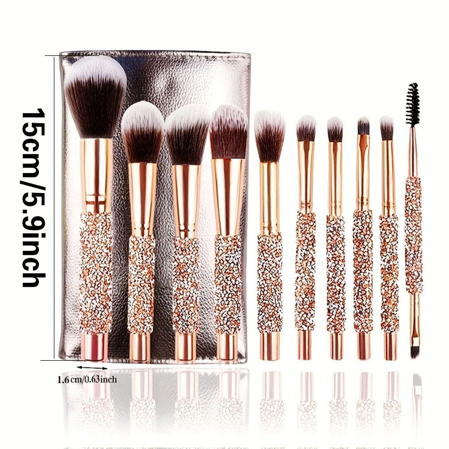 10Pcs Luxury Makeup Brush Set Diamond Rivet Handle Design Crystal Makeup Brush, For Face And Eye Makeup Brush Professional Foundation Concealer Eye Shadow Makeup Tool - Image 6