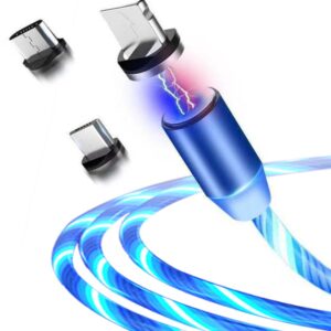 3-in-1 LED Glowing Magnetic Charging Cable – 360° Flowing Light Fast Charger Cord with Type-C, Micro-USB & iOS Tips
