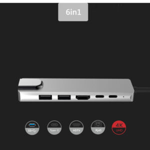 6-in-1 USB-C Hub Adapter with 4K HDMI, Ethernet RJ45, Dual USB Ports, and Type-C Power Delivery