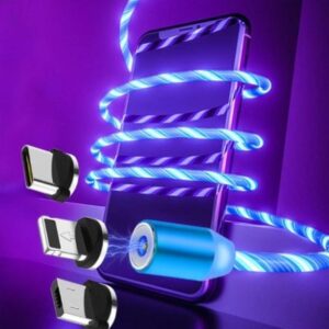 3-in-1 LED Glowing Magnetic Charging Cable – 360° Flowing Light Fast Charger Cord with Type-C, Micro-USB & iOS Tips