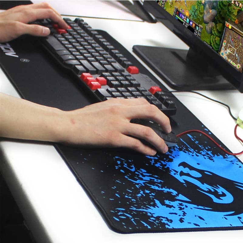 RAKOON Extended Gaming Mouse Pad – Large Desk Mat with Blue Dragon Splatter Design & Stitched Edges