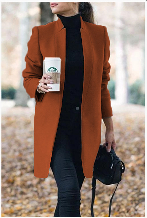 Autumn And Winter New Style European And American Fashion Solid Color Stand-Up Collar Woolen Blazer - Image 5
