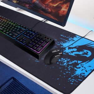 RAKOON Extended Gaming Mouse Pad – Large Desk Mat with Blue Dragon Splatter Design & Stitched Edges
