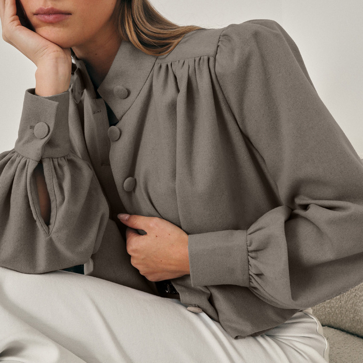 Womens Casual Long-sleeve Shirt With A Small Stand-up Collar - Image 3