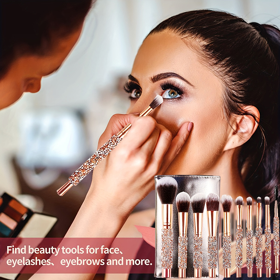 10Pcs Luxury Makeup Brush Set Diamond Rivet Handle Design Crystal Makeup Brush, For Face And Eye Makeup Brush Professional Foundation Concealer Eye Shadow Makeup Tool - Image 3