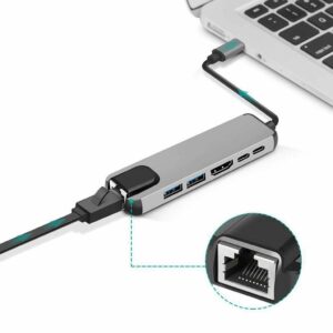 6-in-1 USB-C Hub Adapter with 4K HDMI, Ethernet RJ45, Dual USB Ports, and Type-C Power Delivery