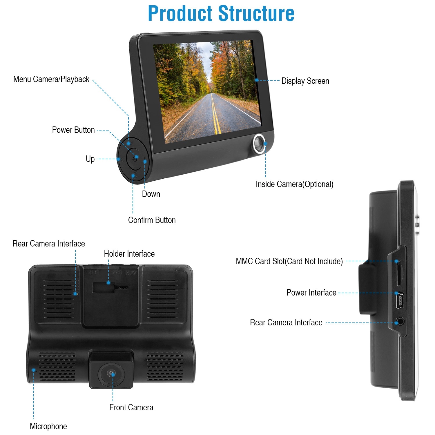 1296P Car DVR Dash Camera 4In 3 Lens Vehicle Driving Recorder Seamless Recording - Image 4
