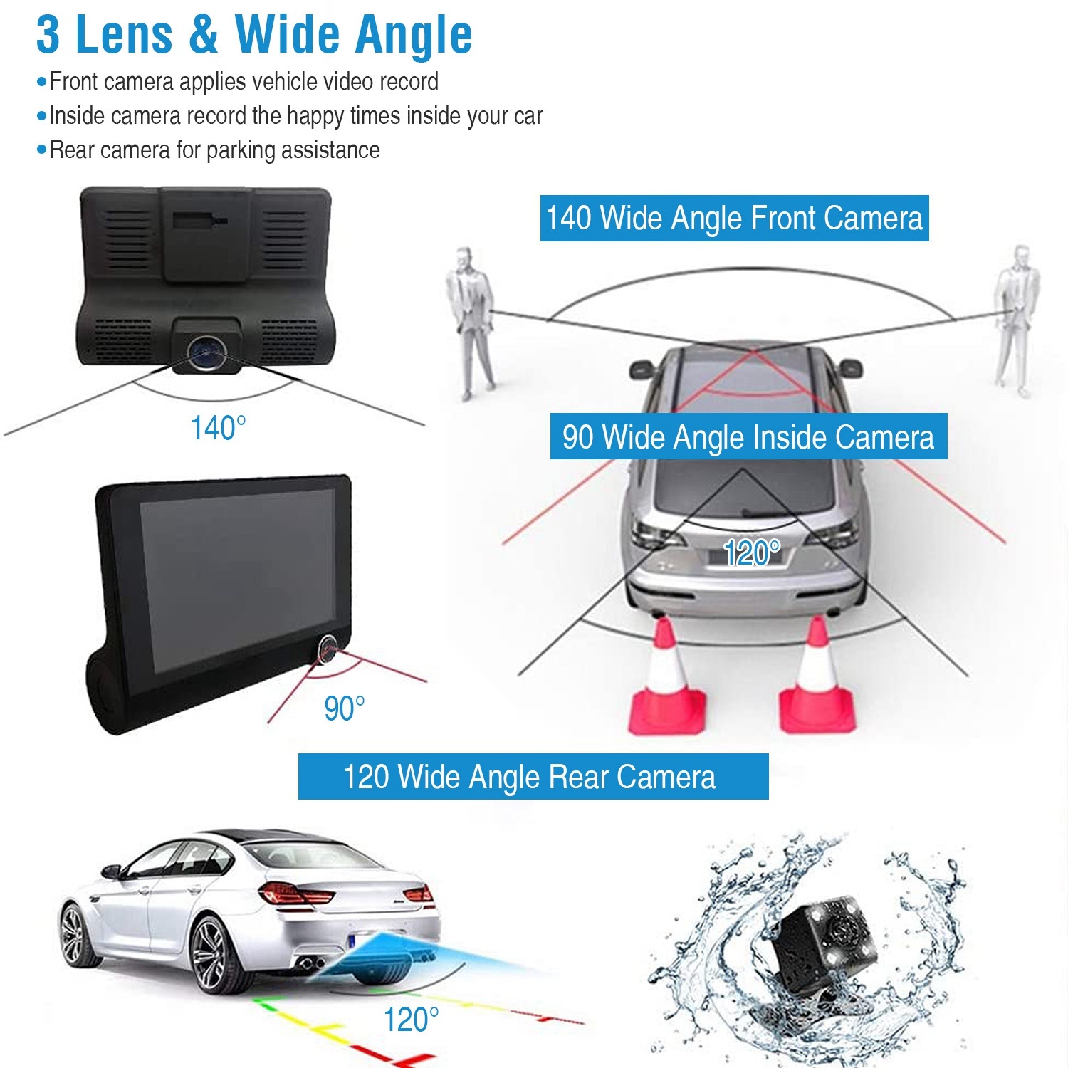 1296P Car DVR Dash Camera 4In 3 Lens Vehicle Driving Recorder Seamless Recording - Image 6