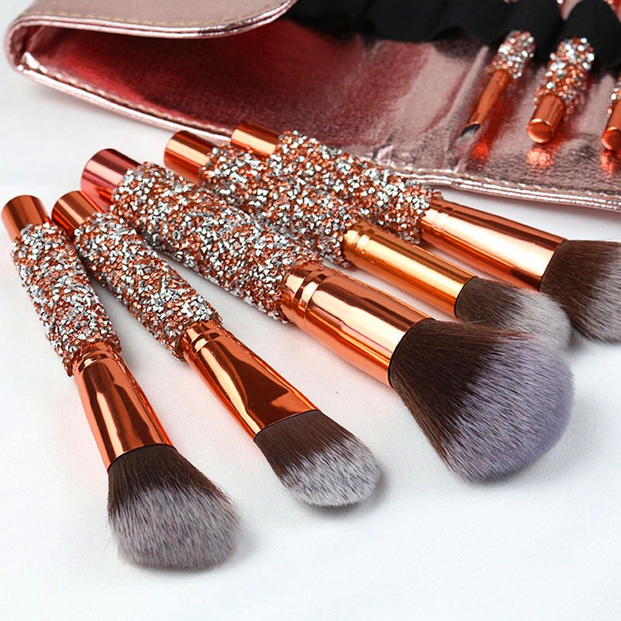 10Pcs Luxury Makeup Brush Set Diamond Rivet Handle Design Crystal Makeup Brush, For Face And Eye Makeup Brush Professional Foundation Concealer Eye Shadow Makeup Tool - Image 4