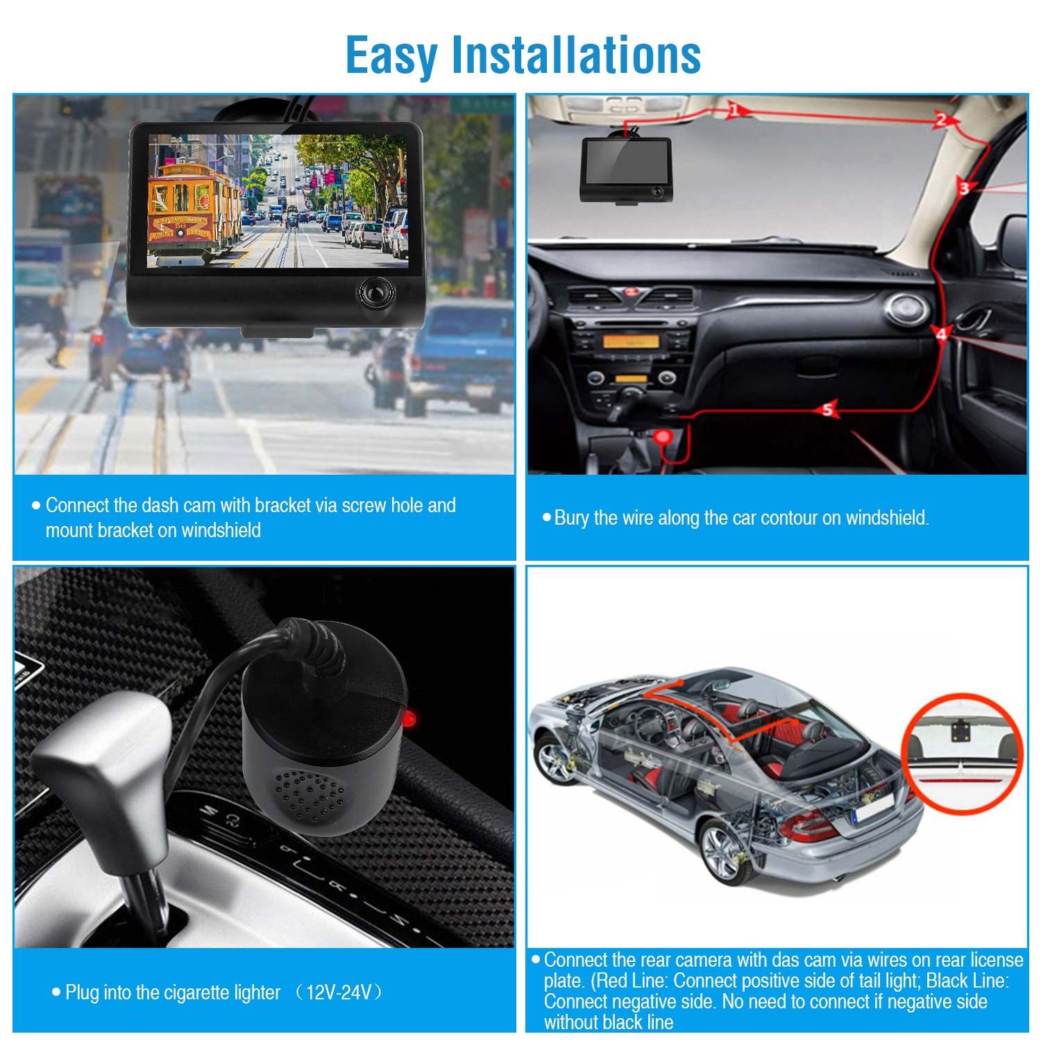 1296P Car DVR Dash Camera 4In 3 Lens Vehicle Driving Recorder Seamless Recording - Image 5
