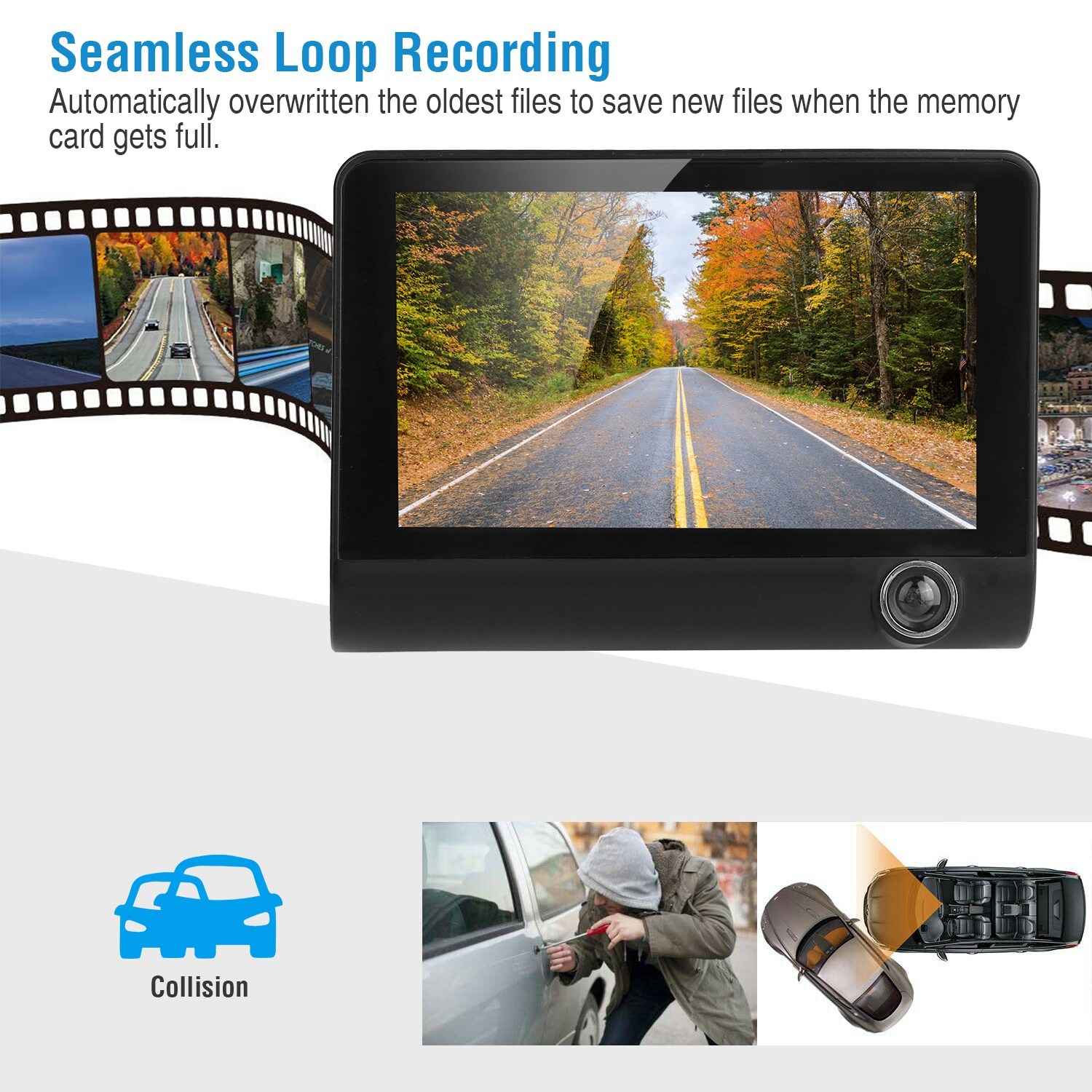 1296P Car DVR Dash Camera 4In 3 Lens Vehicle Driving Recorder Seamless Recording - Image 10