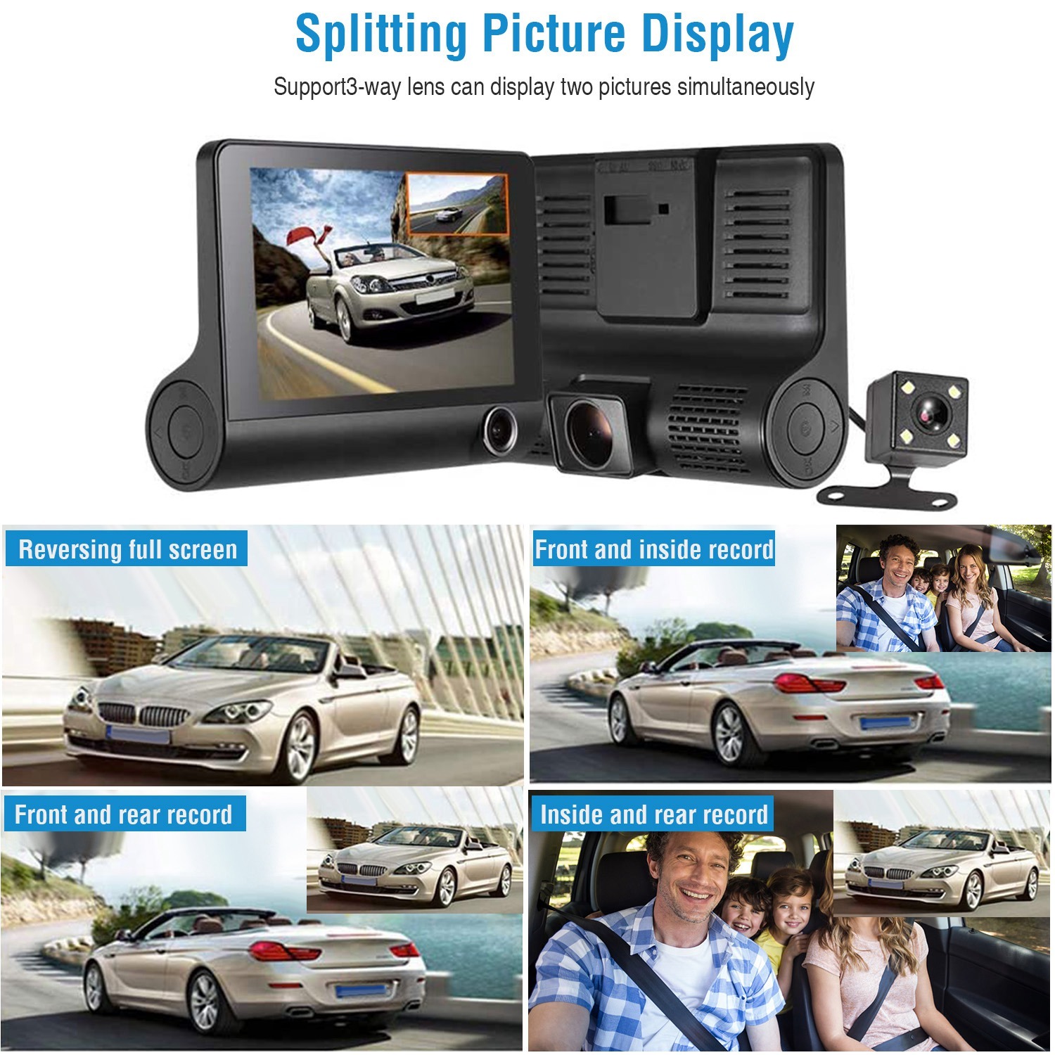 1296P Car DVR Dash Camera 4In 3 Lens Vehicle Driving Recorder Seamless Recording - Image 9