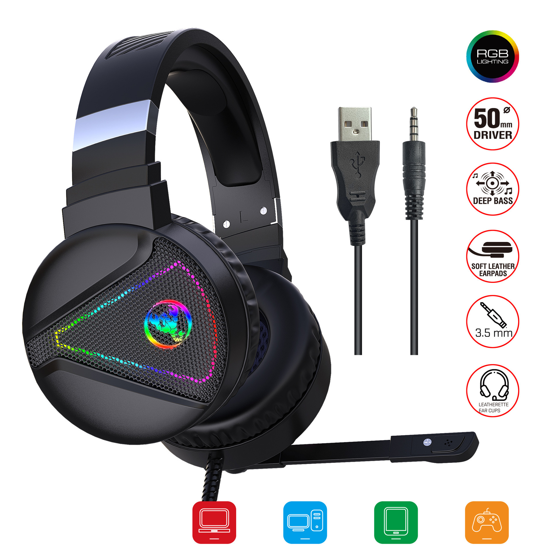 Premium RGB Light-Up Over-Ear Gaming Headset – Wired Headphones with Noise-Reduction Microphone, Metallic Finish & Adjustable Headband - Image 10