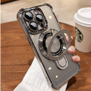 Premium Clear Magnetic Ring Stand Case for iPhone 11, 12, 13, 14, 15, 16 Pro Max & Plus – Electroplated Frame with Full Lens Protector