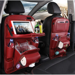 Premium PU Leather Backseat Car Storage Organizer – Waterproof Car Seat Kick Mat with Foldable Dining Table Tray, Touchscreen Tablet Holder & Multi-Pocket Storage