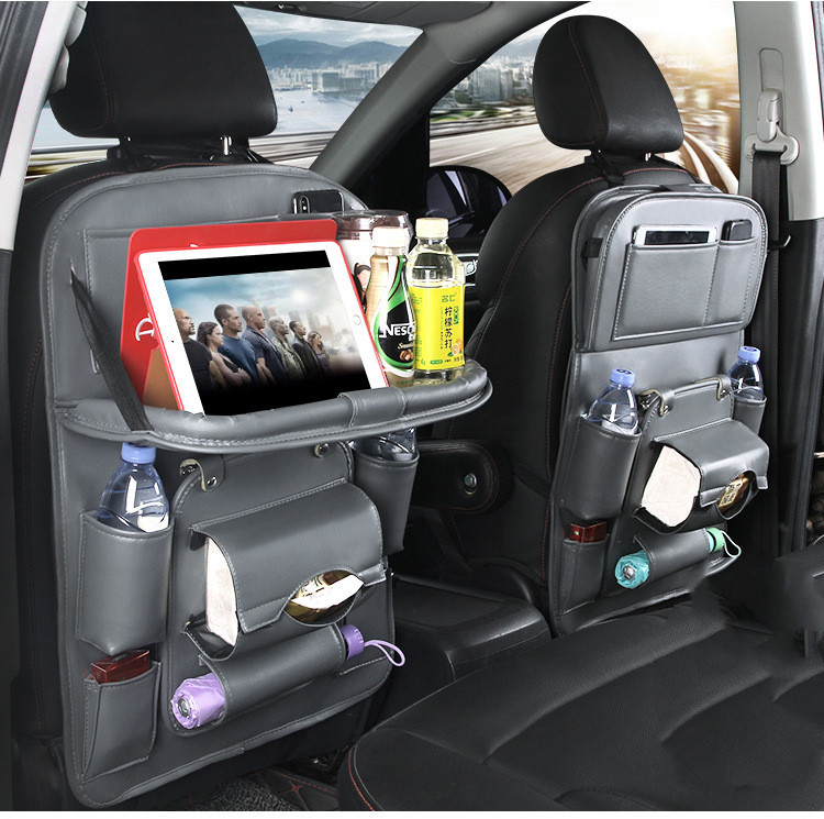Premium PU Leather Backseat Car Storage Organizer – Waterproof Car Seat Kick Mat with Foldable Dining Table Tray, Touchscreen Tablet Holder & Multi-Pocket Storage - Image 10