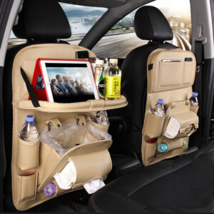 Premium PU Leather Backseat Car Storage Organizer – Waterproof Car Seat Kick Mat with Foldable Dining Table Tray, Touchscreen Tablet Holder & Multi-Pocket Storage