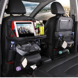 Premium PU Leather Backseat Car Storage Organizer – Waterproof Car Seat Kick Mat with Foldable Dining Table Tray, Touchscreen Tablet Holder & Multi-Pocket Storage