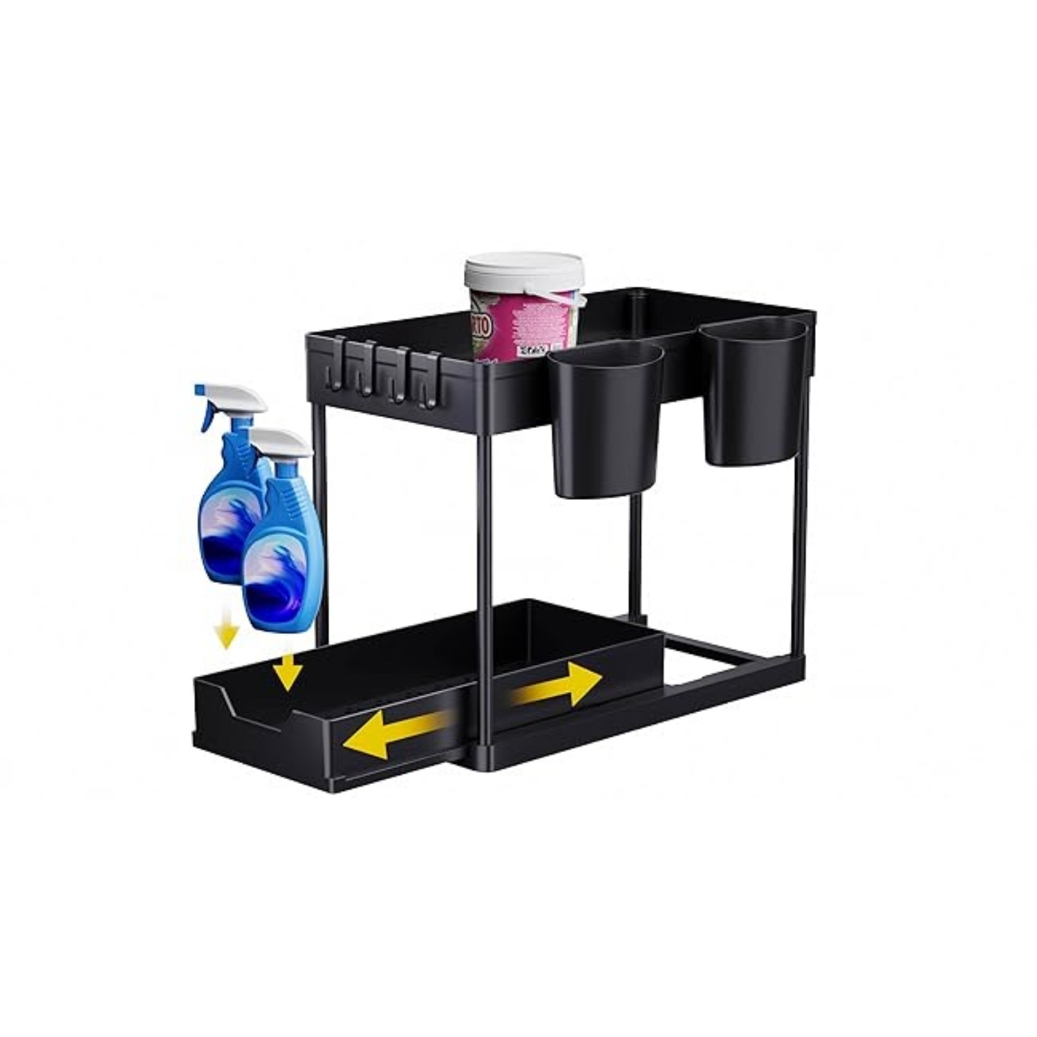 Kitchen Organizer: 2-Tier Under-Sink Shelf With Hooks And Cups, Spice Rack, Sink Cabinet Organizer, Kitchen Shelf, Cabinet Organizer For Bathroom And Kitchen, Black - Image 3