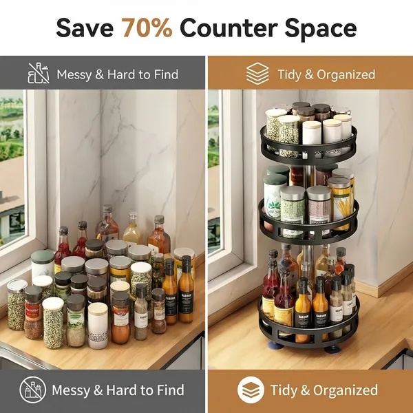3-Tier Rotating Spice Rack Organizer – Carbon Steel 360° Metal Turntable, Multifunctional Kitchen Seasoning & Condiment Storage Rack, Space-Saving Countertop Spice Jar Organizer - Image 5
