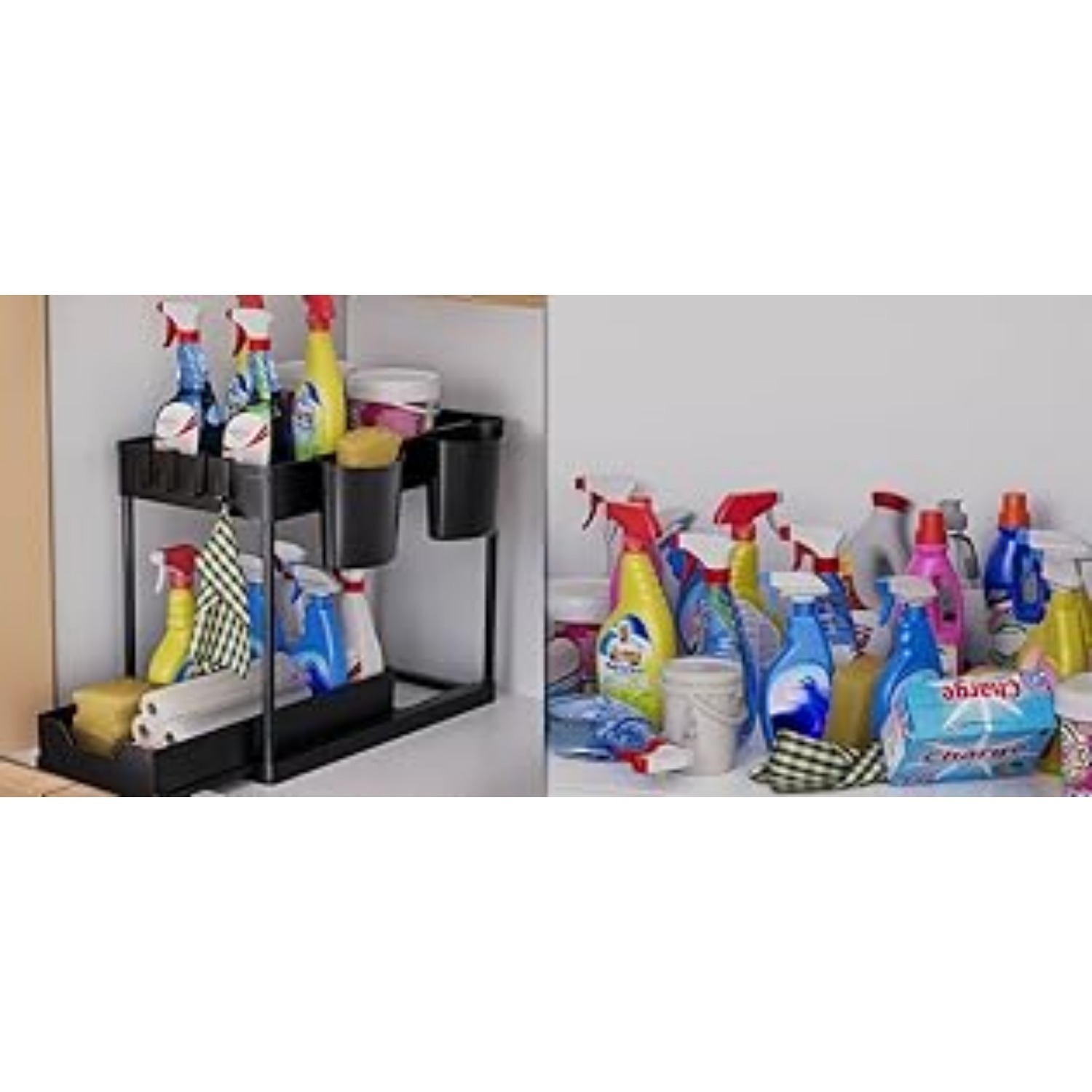 Kitchen Organizer: 2-Tier Under-Sink Shelf With Hooks And Cups, Spice Rack, Sink Cabinet Organizer, Kitchen Shelf, Cabinet Organizer For Bathroom And Kitchen, Black - Image 4