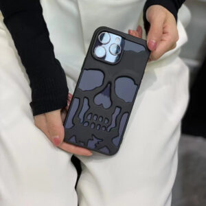 Luxury Plating 3D Skull Phone Case For I-Phone 14 Pro Max 13 12 11 Plus Breathable Glossy Hollow Out Gold Metallic Paint