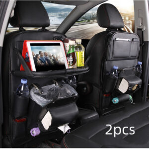 Premium PU Leather Backseat Car Storage Organizer – Waterproof Car Seat Kick Mat with Foldable Dining Table Tray, Touchscreen Tablet Holder & Multi-Pocket Storage