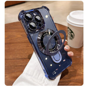 Premium Clear Magnetic Ring Stand Case for iPhone 11, 12, 13, 14, 15, 16 Pro Max & Plus – Electroplated Frame with Full Lens Protector
