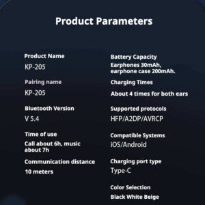 KP-205 In-Stock Digital Display Bluetooth Earbuds High Quality Audio In-Ear Design Low-Latency Gaming Ultra Long Battery Life Factory Direct