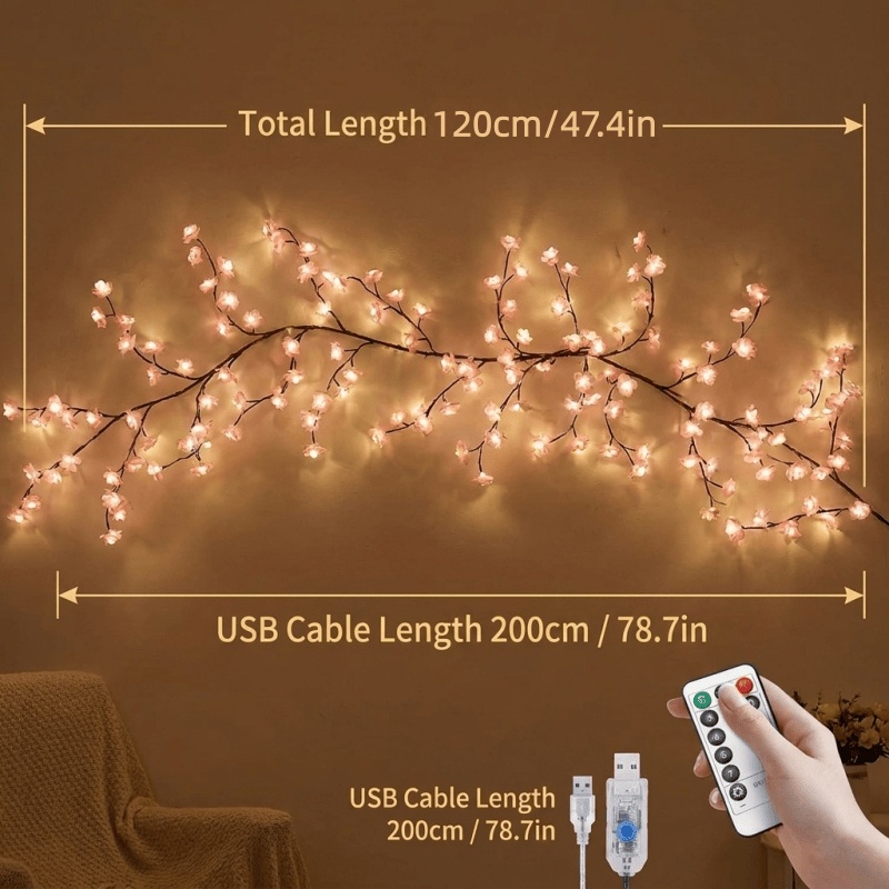 LED Tree Branch Lights For Wall, Cherry Blossom Lights Vine Lights With Remote And 8 Lighting Modes Cherry Blossom Garland Willow Vine For Bedroom Indoor Wall Christmas Decor - Image 10