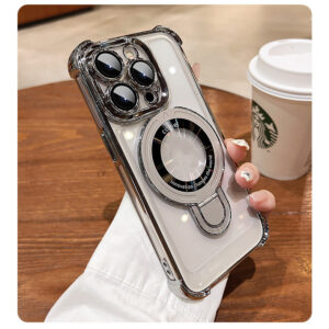 Premium Clear Magnetic Ring Stand Case for iPhone 11, 12, 13, 14, 15, 16 Pro Max & Plus – Electroplated Frame with Full Lens Protector