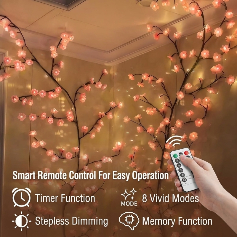 LED Tree Branch Lights For Wall, Cherry Blossom Lights Vine Lights With Remote And 8 Lighting Modes Cherry Blossom Garland Willow Vine For Bedroom Indoor Wall Christmas Decor - Image 9