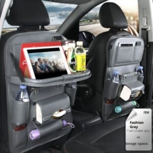 Premium PU Leather Backseat Car Storage Organizer – Waterproof Car Seat Kick Mat with Foldable Dining Table Tray, Touchscreen Tablet Holder & Multi-Pocket Storage
