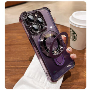 Premium Clear Magnetic Ring Stand Case for iPhone 11, 12, 13, 14, 15, 16 Pro Max & Plus – Electroplated Frame with Full Lens Protector