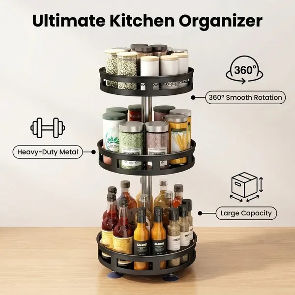 3-Tier Rotating Spice Rack Organizer – Carbon Steel 360° Metal Turntable, Multifunctional Kitchen Seasoning & Condiment Storage Rack, Space-Saving Countertop Spice Jar Organizer - Image 2