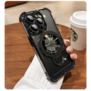 Premium Clear Magnetic Ring Stand Case for iPhone 11, 12, 13, 14, 15, 16 Pro Max & Plus – Electroplated Frame with Full Lens Protector